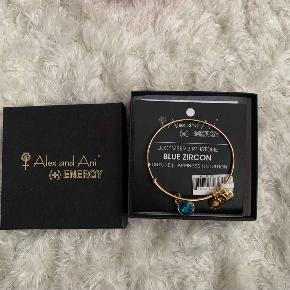 Alex and Ani December Birthstone Blue Zircon Charm gold bracelet